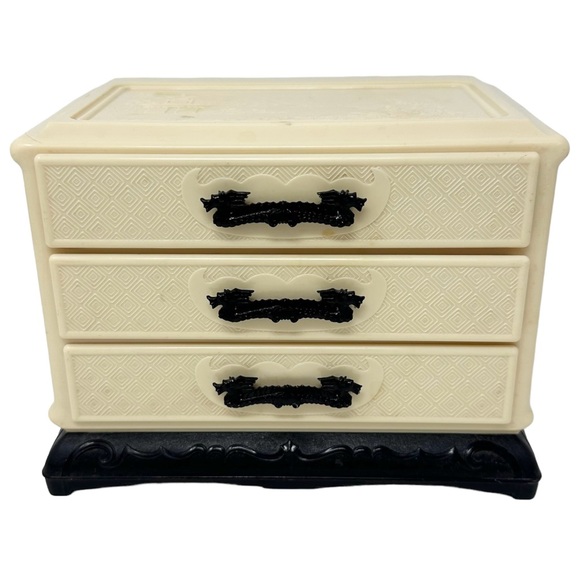 Vintage 40's - 50's Celluloid Asian Design Black Dragons Ivory Tone Jewelry Box